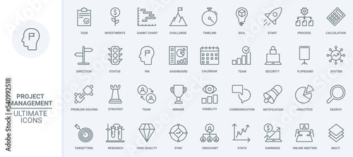 Creative business strategy, project management thin line icons set vector illustration. Outline idea and plan for startup launch, success vision and solution of problem solving and finance investment