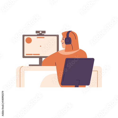Person woman in headphones at computer desk. Girl in headset, sitting at desktop PC screen with web camera. Online internet work concept. Flat vector illustration isolated on white background