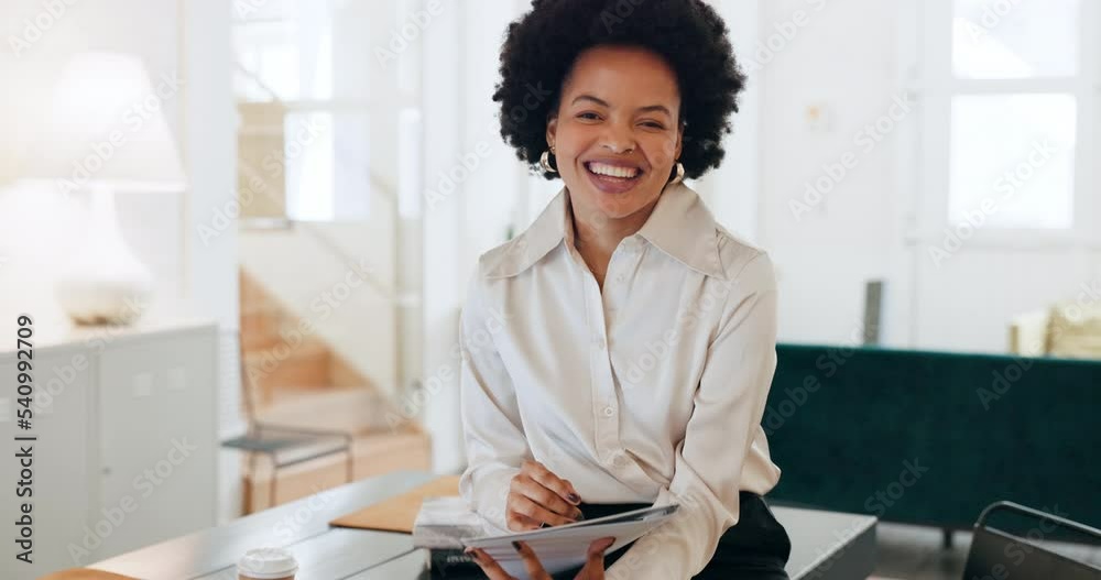 Manager, boss and black woman in office portrait for human resources management, administration or marketing agency career with portfolio kpi review. Happy woman in corporate workplace with document