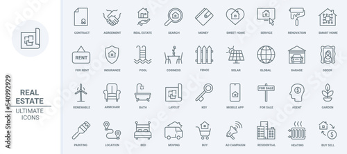 Real estate thin line icons set vector illustration. Outline houses purchase, mortgage agreement and insurance shield, advertising and search of family villa and home apartments for rent and sales