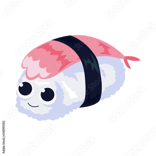 Cute shrimp sushi with face. Suchi with shrimp smiling Cartoon vector illustration isolated on white background. Japanese food concept.