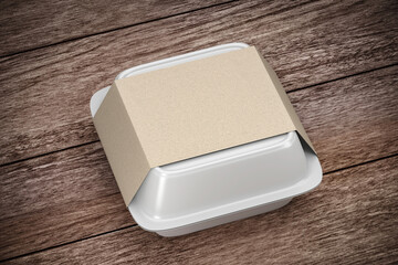 Disposable white food box container with craft cardboard paper cover label pack isolated - blank mock up template food box container - 3d render