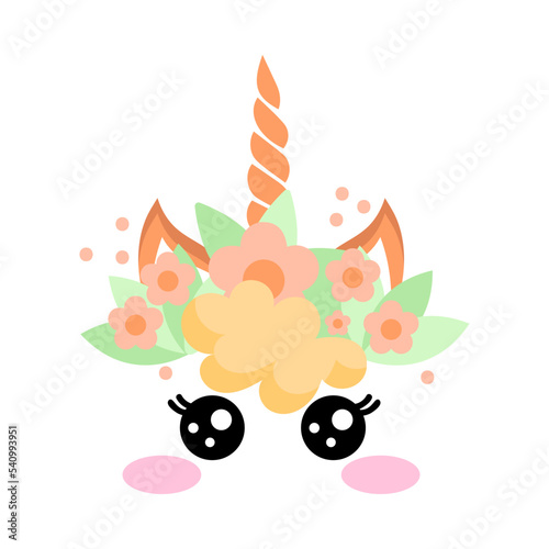 Pretty unicorn face with yellow hair cartoon illustration. Cute funny magic animal head with orange horn and colorful hair or birthday decoration for cake on white background. Fantasy, dream concept