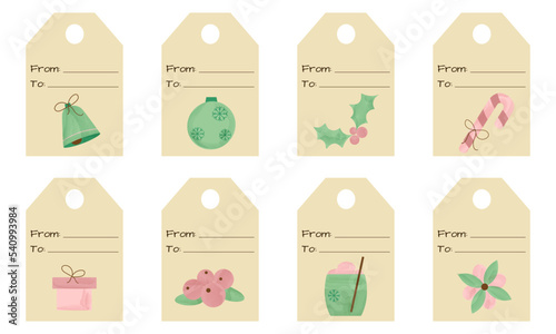 Christmas gift tags with decorative elements.