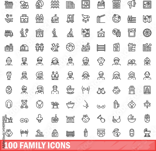 100 family icons set. Outline illustration of 100 family icons vector set isolated on white background