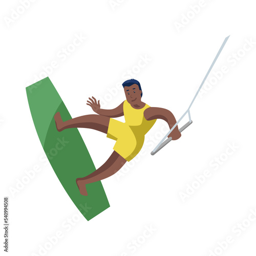 Black man wakesurfing on white background. Male surfer holding rope, water sport cartoon vector illustration. Summer leisure, recreational ocean outdoor activities concept