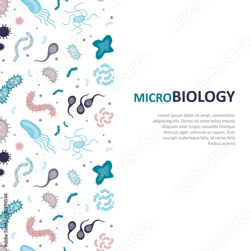Banner with various bacterial. Microbiology, printable card with microorganisms and pathogens. Medicine background, healthcare. Microscopic life, germ, funny web poster.