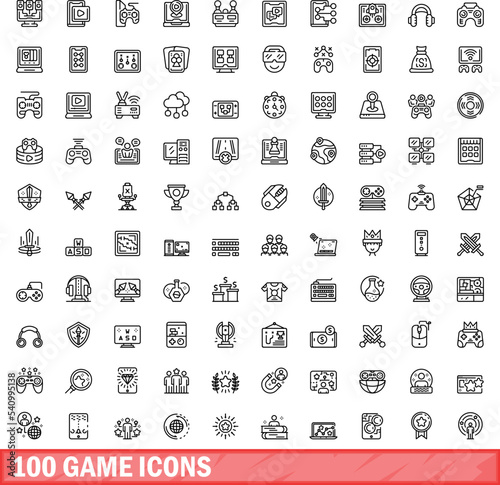 100 game icons set. Outline illustration of 100 game icons vector set isolated on white background