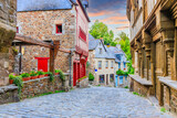 Dinan, Brittany, France. Rue du Jerzual, medieval street in Dinan.
