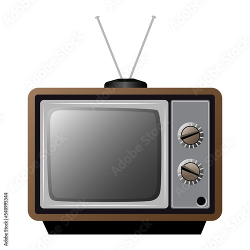 Flat illustration of an old tv with antennas isolated on transparent background. Front view.