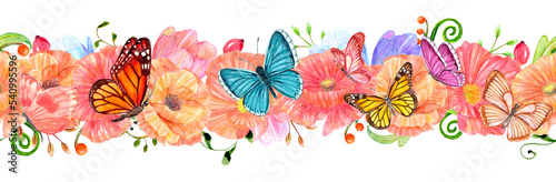 romantic floral seamless border with butterflies. watercolor painting. png © Aloksa