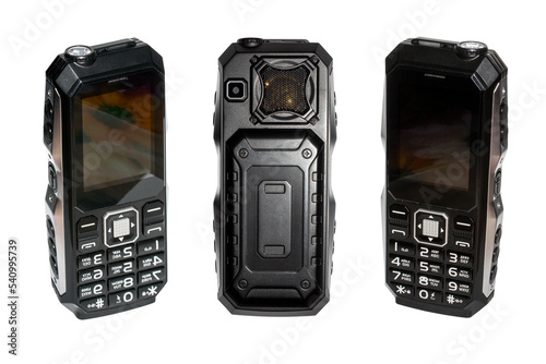 Mobile shockproof phone on a white background.Shockproof push-button mobile phone with a powerful battery.