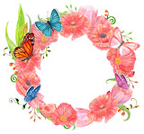 romantic floral wreath with butterflies. watercolor painting, png