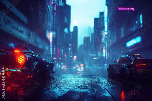 cyberpunk, city, neon, cars, rain, abstract illustration,concept
