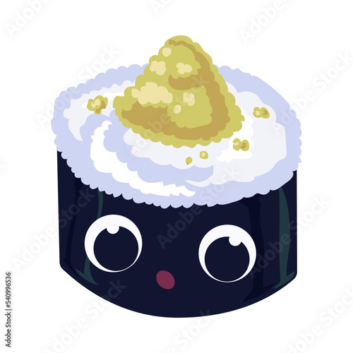 Surprised maki roll. Maki roll with caviar. Cartoon vector illustration isolated on white background. Japanese food concept.