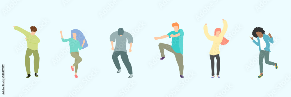 A group of happy young people dancing on isolated blue background. Young men and women enjoying a dance party. Exciting music party. Adult friends jumping and dancing. Vector illustration flat style.