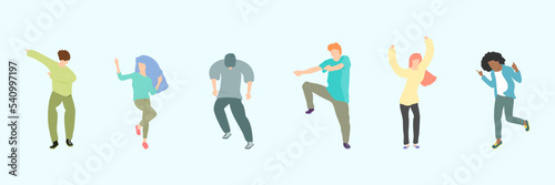 A group of happy young people dancing on isolated blue background. Young men and women enjoying a dance party. Exciting music party. Adult friends jumping and dancing. Vector illustration flat style.