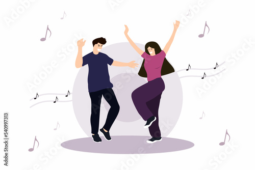 Happy young people are dancing on isolated white background. Young men and women are enjoying a dance party. Exciting music party. Adult friends are jumping and dancing. Vector illustration flat style