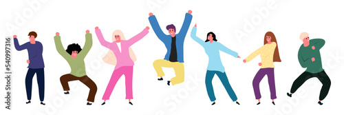 A group of happy young people dancing on isolated white background. Young men and women enjoying a dance party. Exciting music party. Adult friends jumping and dancing. Vector illustration flat style