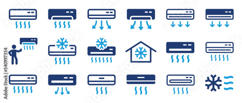 Air conditioning with fresh cold air icon set. Cool air and cooling symbol collection.