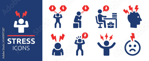 Stress icon set. Man stressed, tired and depression icon collection. Vector illustration.