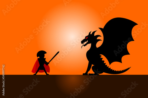Fototapeta Naklejka Na Ścianę i Meble -  The silhouette of the knight fighting the dragon. Vector illustration