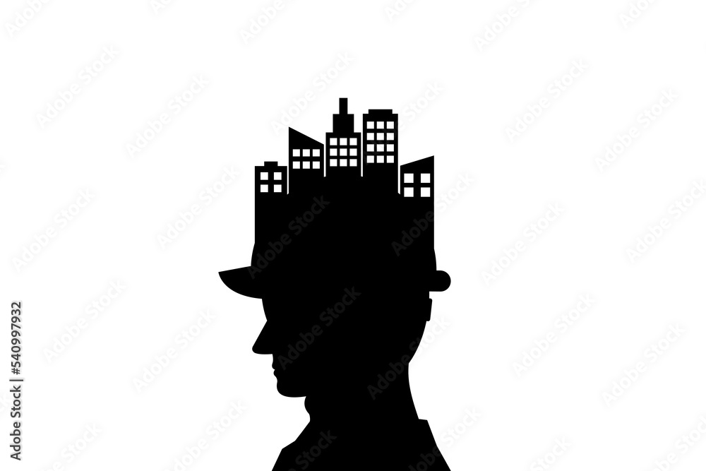 Silhouette of engineer and urban cityscape. Vector illustration