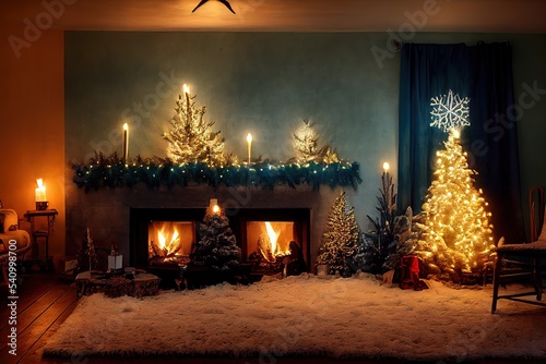 Fireplace with Christmas tree and decorations 3D render