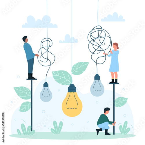 Clarity and simplification of solution process vector illustration. Cartoon tiny people simplify complex unclear problem to easy simple one, untangle hanging tangled light bulbs with knots on wires