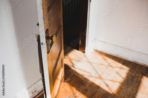 High angle view of open door in domestic room photo