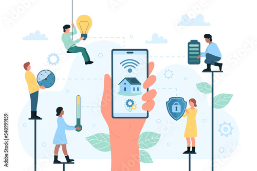 Smart home technology vector illustration. Cartoon users hand controlling automation house system with mobile app in phone, tiny people holding light bulb, battery thermometer, shield and clock icons