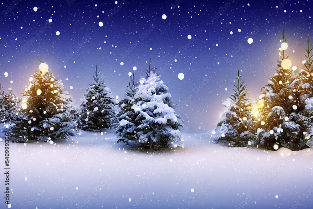 3d illustration. Winter scene with snow and pine trees. Christmas mood. Winter nature