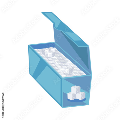 Box of white cube sugar. White sugar blocks in carton pack. Vector illustration isolated in white background. Sweet food, sucrose concept.