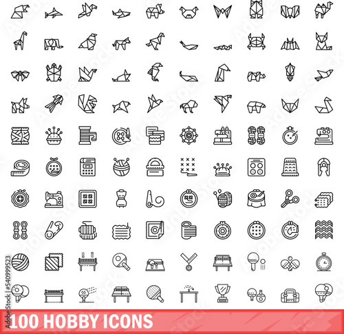 100 hobby icons set. Outline illustration of 100 hobby icons vector set isolated on white background