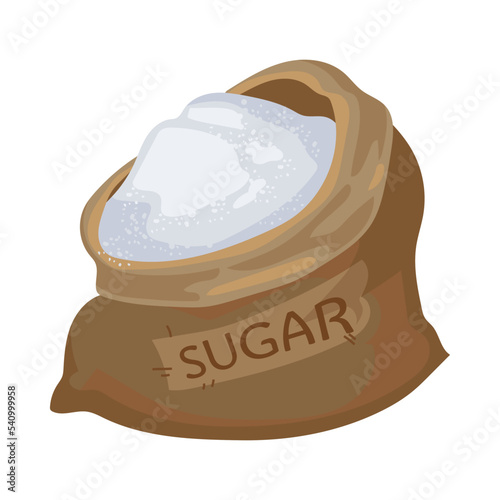 Bag of granulated white sugar. Bag full of sugar with tag on it. Vector illustration isolated in white background. Sweet food, sucrose concept.