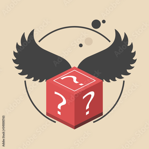 Mystery box with wings. Flying red box with question marks printed on it. Flat style illustration. Isolated.