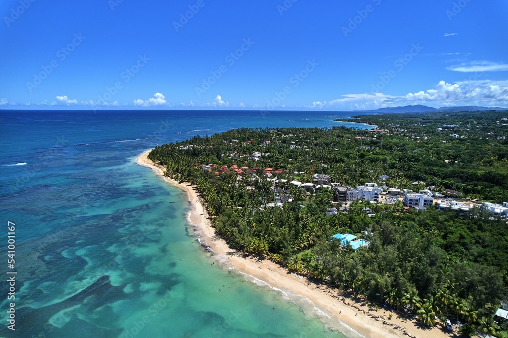 Fototapeta premium Aerial view of Ballenas Beach in Las Terrenas, Dominican Republic