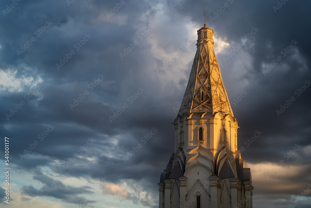 Church of the Ascension in Kolomenskoye Park at sunset. Moscow, Russia. Famous place and tourist attraction Church of the Ascension in Kolomenskoye Park at sunset. Moscow, Russia. Famous place and tourist attraction