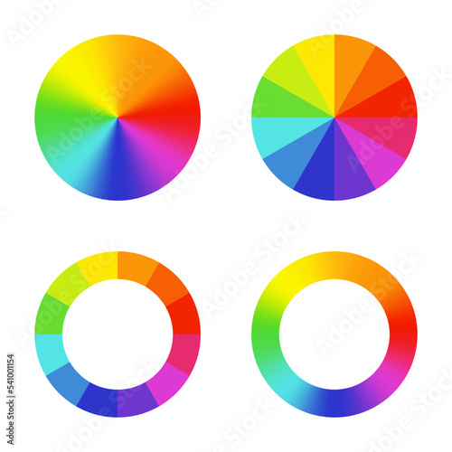 Color wheel - arrangement of color hues around a circle or disc. Vector illustration with rainbow light spectrum gradient