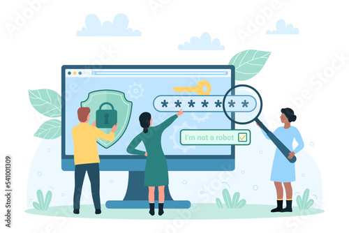 User verification after registration or authorization vector illustration. Cartoon tiny people looking through magnifying glass at computer display to verify access, holding safe shield with lock