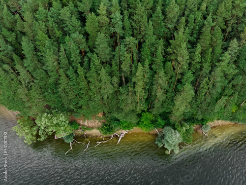 Nature landscape, drone aerial top view to green forest and lake