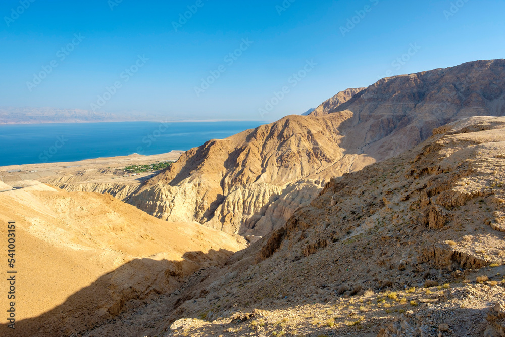 Judean Desert landscape and Dead Sea near Metzoke Dragot, West Bank, Palestine Judean Desert landscape and Dead Sea near Metzoke Dragot, West Bank, Palestine
