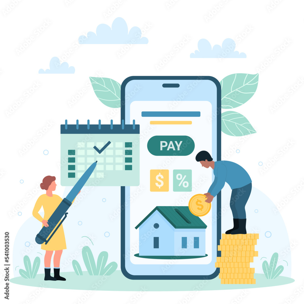 Monthly payment in mobile app of bank account vector illustration. Cartoon tiny woman holding pen to check payday in calendar and send remittance, man throwing coin in model of house on phone screen