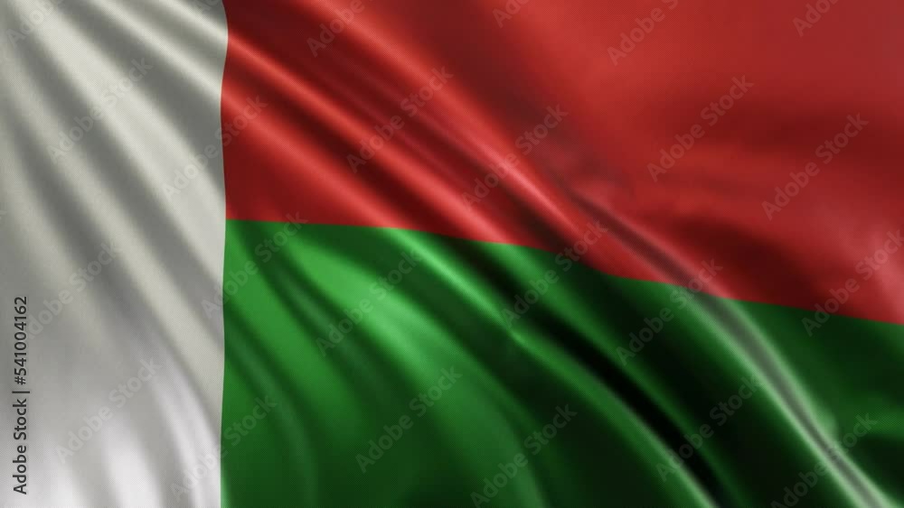 A waving flag of Madagascar in the best quality with a fabric texture. Slow motion. 4K loop animation.