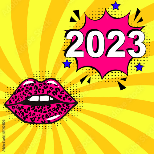 2023 happy new year. Comic text. Pop Art vintage vector illustration. Retro comic speech bubble. Number 2023 text for New Year. Vector illustration, vintage design, pop art style. Colorful New Years