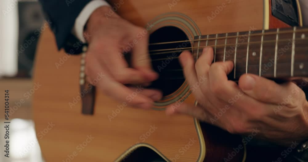 Music, guitar and fast hands of man play musical instrument, song or training in rehearsal practice. Musician performance art, creative inspiration and acoustic speed guitarist playing at studio show