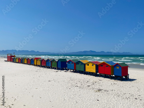 Wooden beach huts on the beach at Muizenberg, South Africa