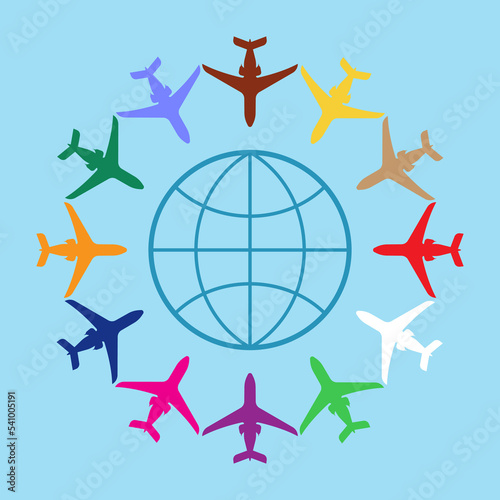 Set of colorful planes flying to abstract globe. Vector illustrations of airplanes of different colors. Cartoon aircrafts moving to destination isolated on blue. International flight, travel concept