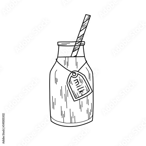 Illustration of a stylized glass bottle of milk with a striped straw and a tag on a string.