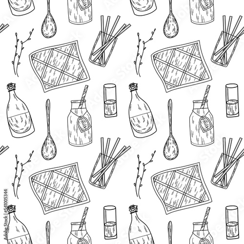 Dairy theme pattern with napkins, spoons, milk bottles, glasses and straws in line art style.